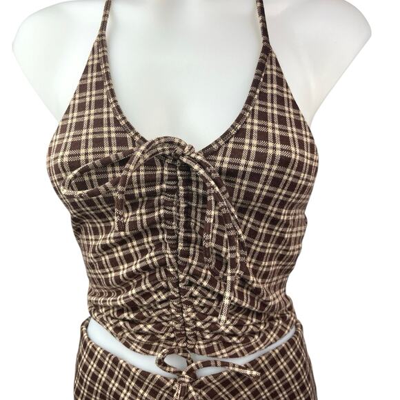 Princess Polly Brown Plaid Checkered Halter Crop Top & Bell Bottom Pants Set 0 - Picture 3 of 6